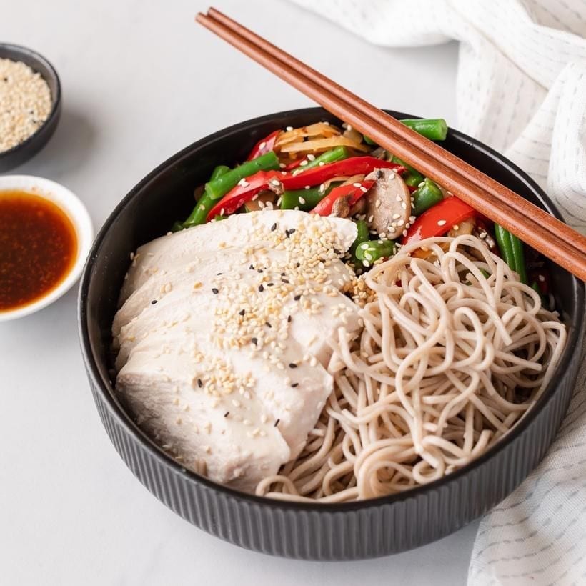 POACHED CHICKEN SOBA NOODLES bowl
